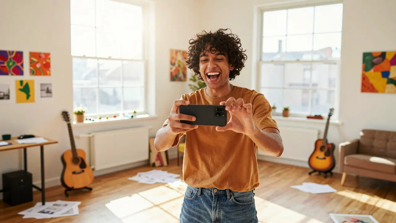 Musician smiling while filming a video in a bright, sunny studio