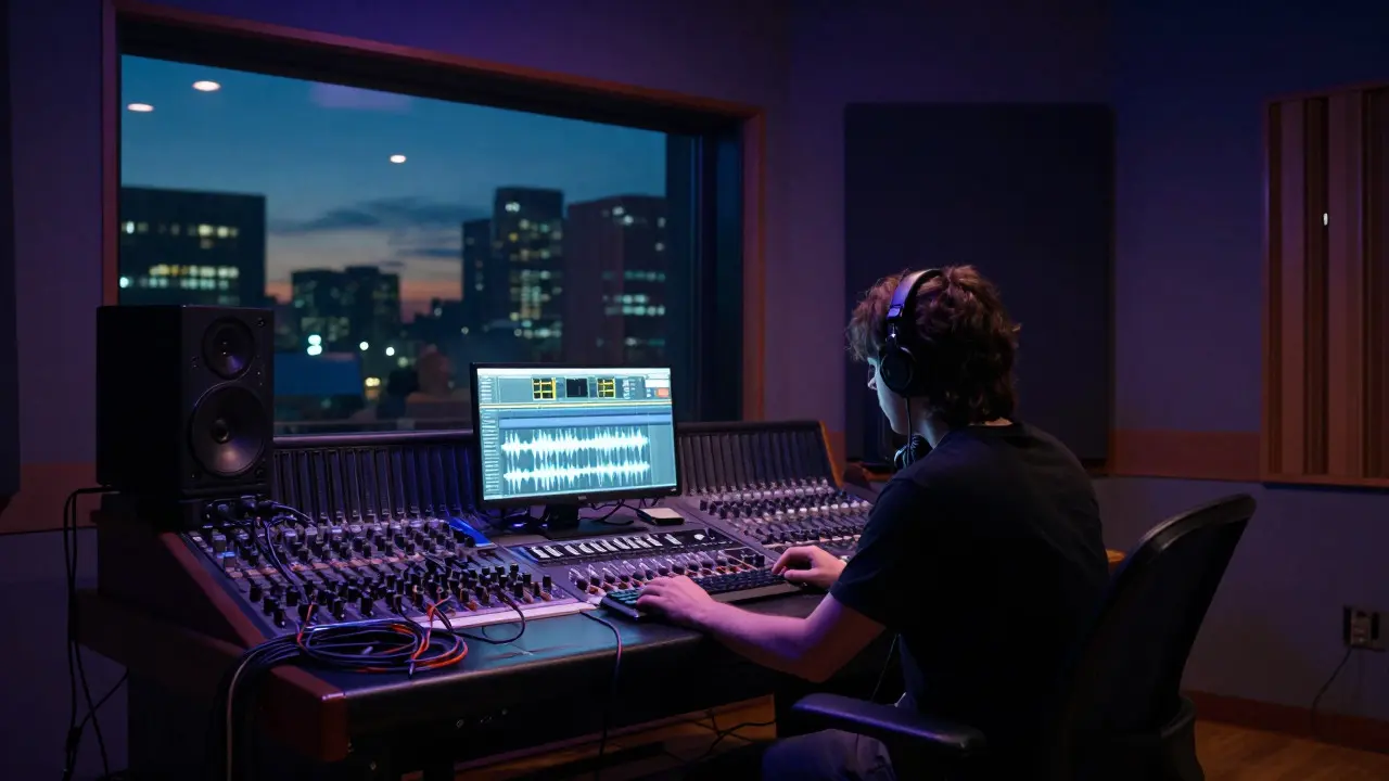Musician working in a dimly lit recording studio with city lights visible through the window