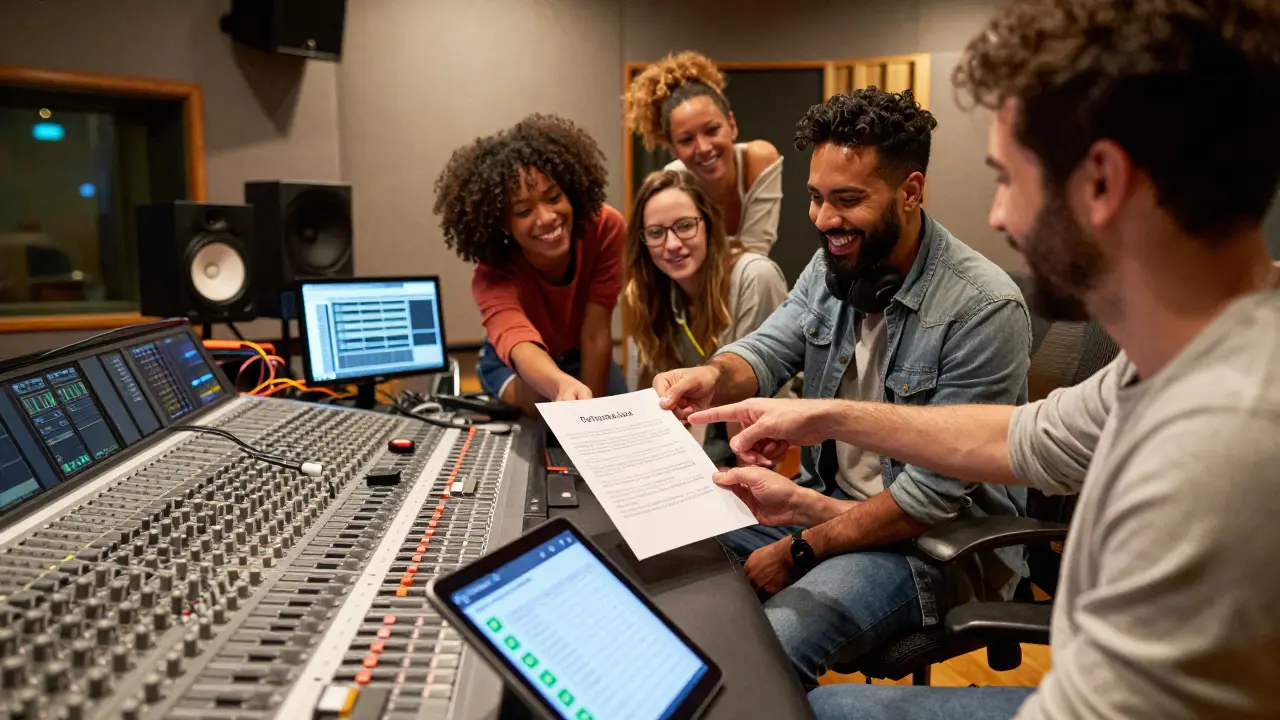 Musicians reviewing a contract together in a brightly lit recording studio control room