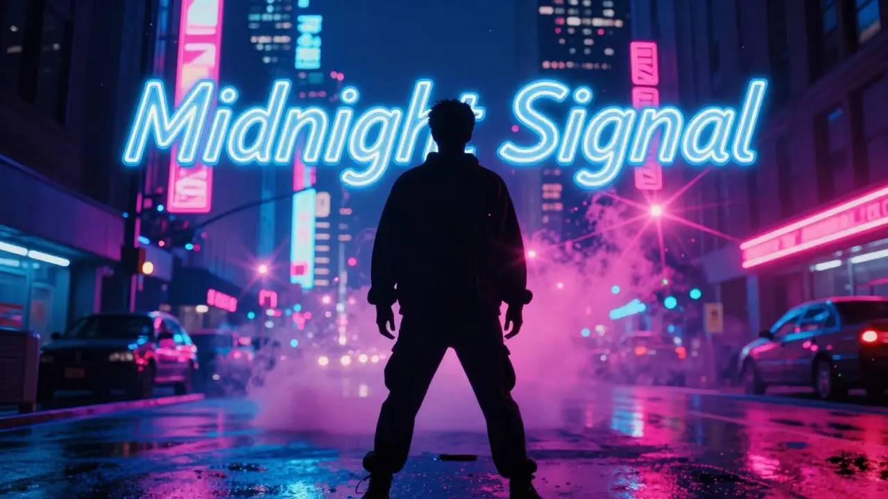 Neon-lit urban night scene with a silhouetted figure, evoking 1990s music video aesthetics