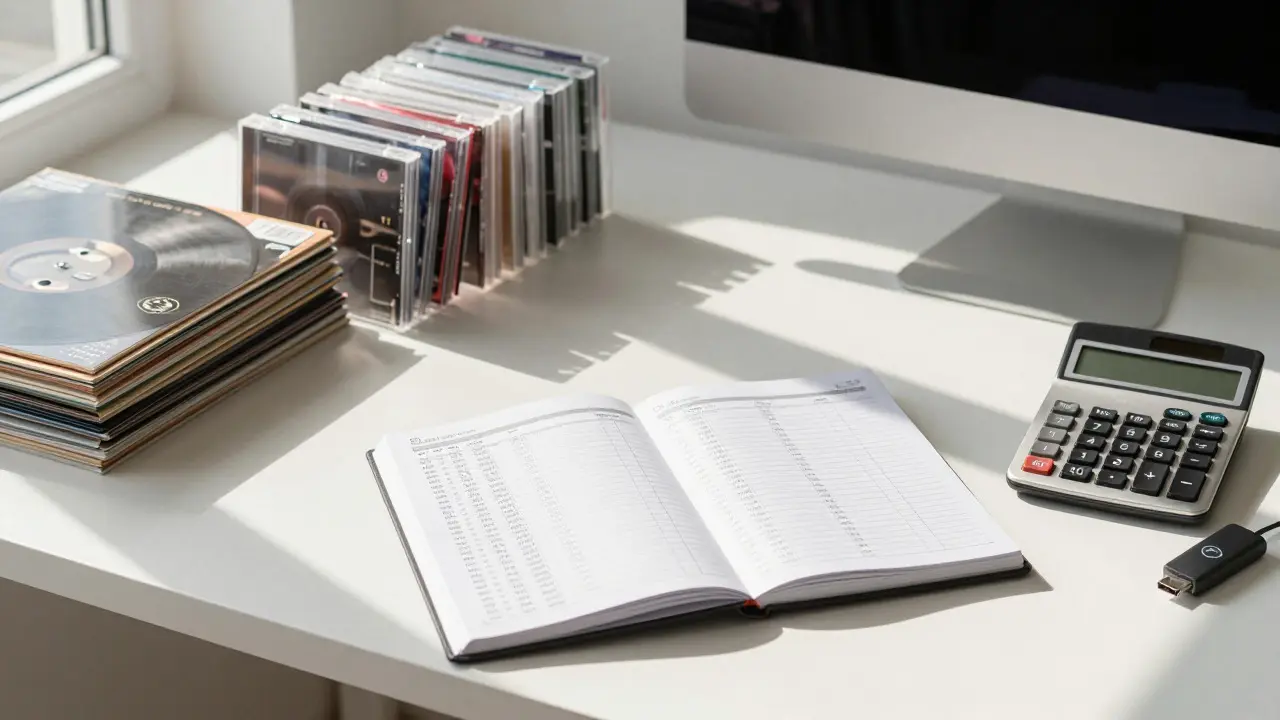 Organized desk with vinyl records and handwritten catalog notes