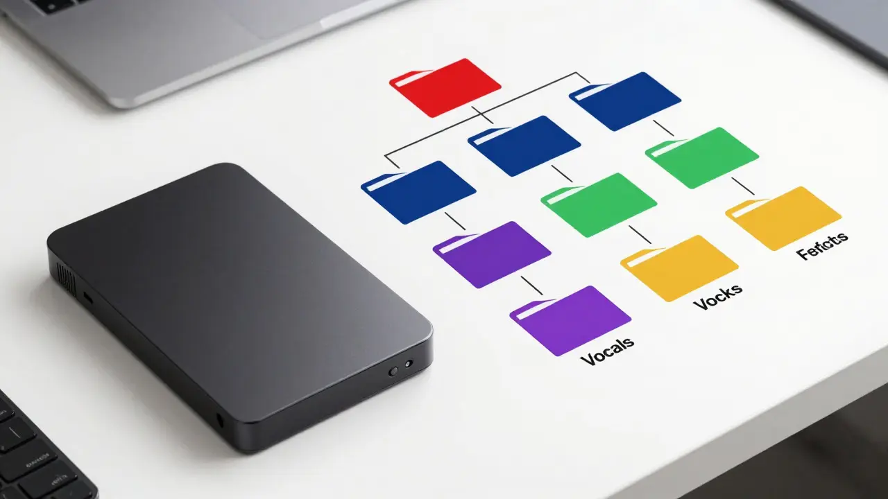 Organized hard drive and color-coded geometric blocks representing a structured audio file hierarchy