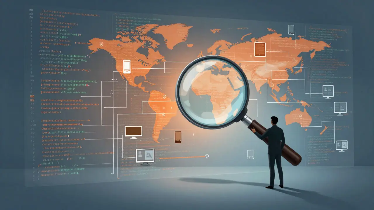 Person using a magnifying glass to reveal hidden user path patterns within a wall of complex data streams