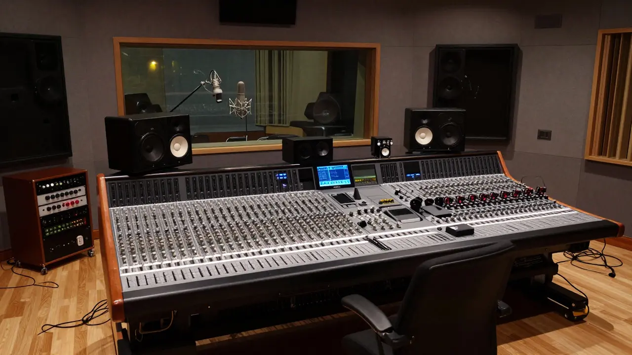 Professional recording studio control room with analog consoles and vocal booth