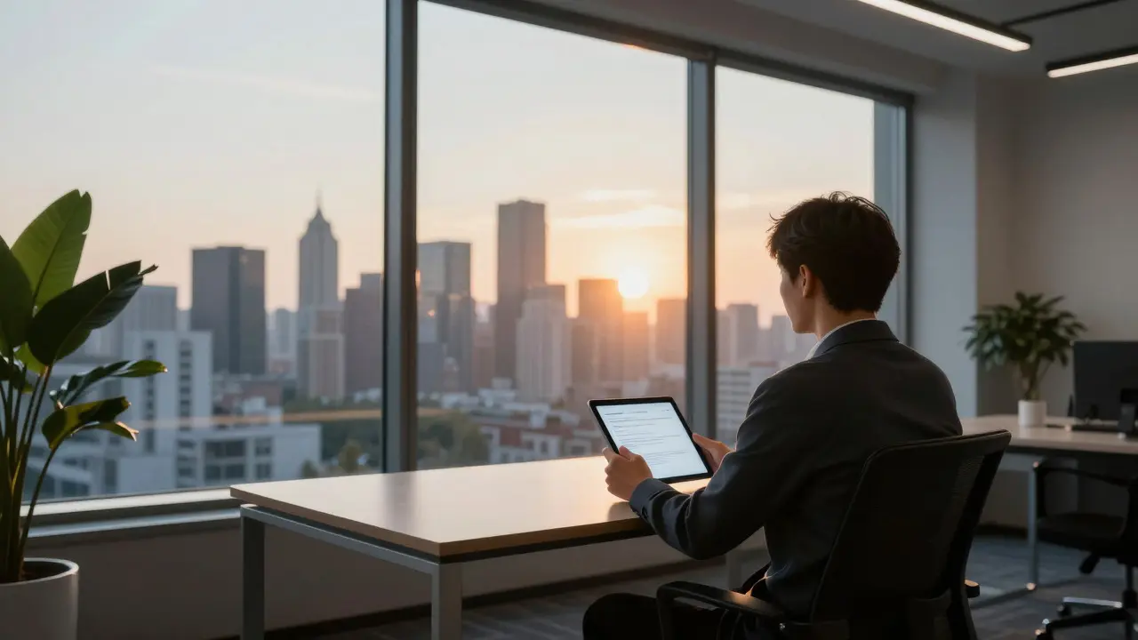 Professional sitting at a desk by a large window at sunrise, reflecting confidence and clear visibility