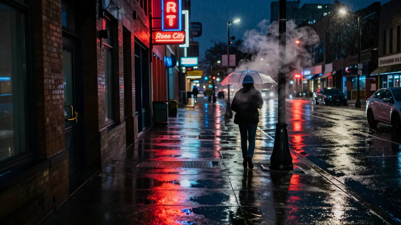 Rainy night street scene in Portland with neon reflections on wet pavement