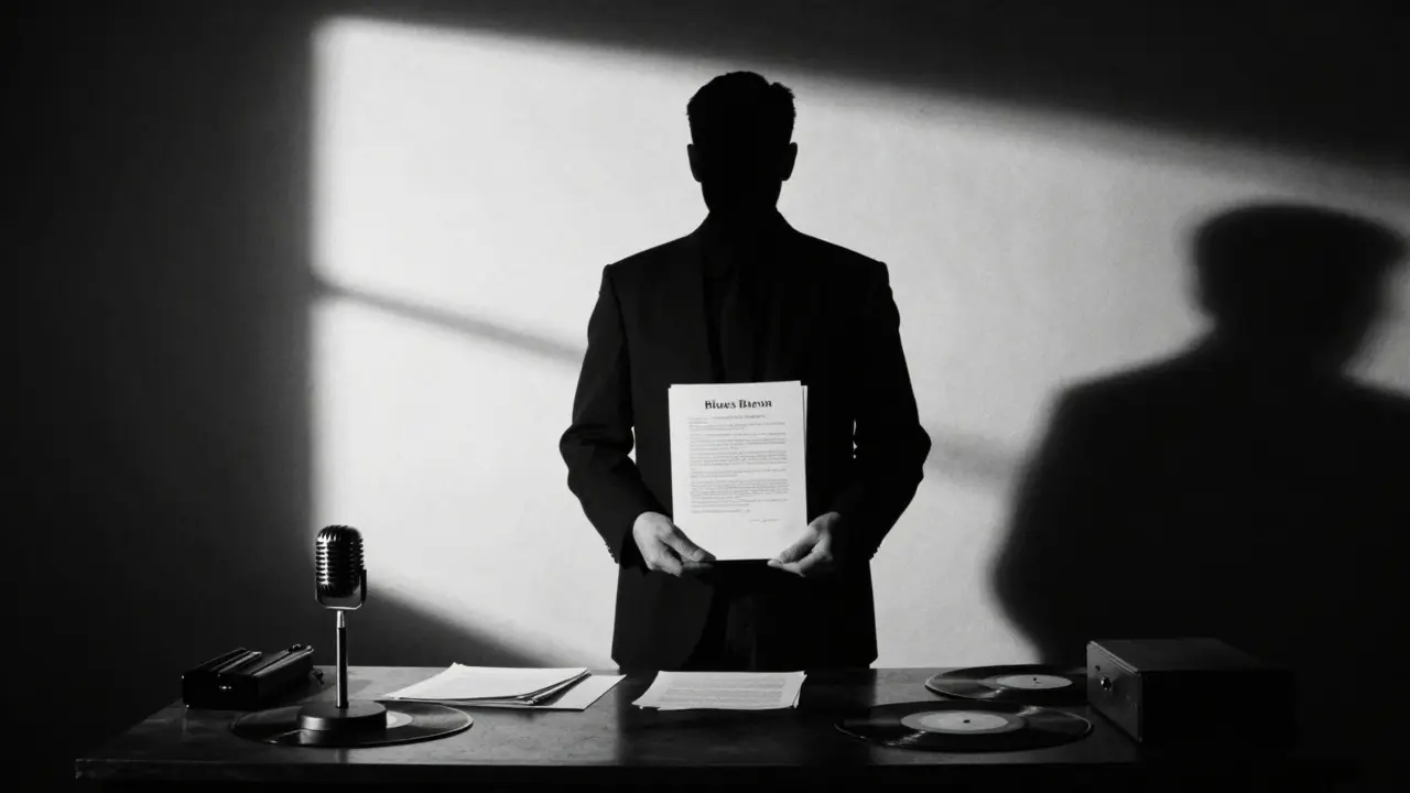 Shadowy silhouette of a businessman holding contracts in an office