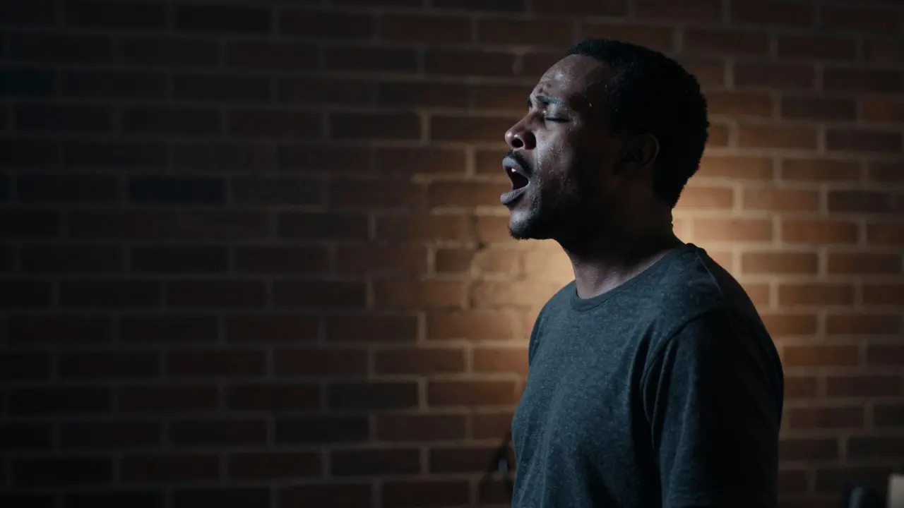 Singer performing emotionally under a spotlight against a brick wall