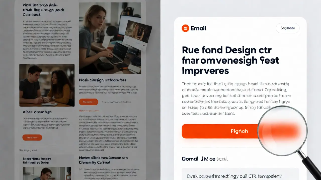 Split-screen comparison of cluttered vs. optimized email designs with contrasting lighting.