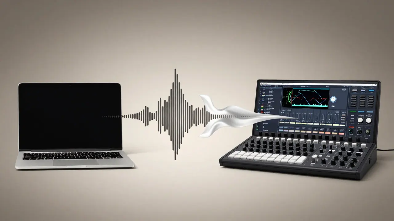 Split-screen concept showing home and studio audio setups merging