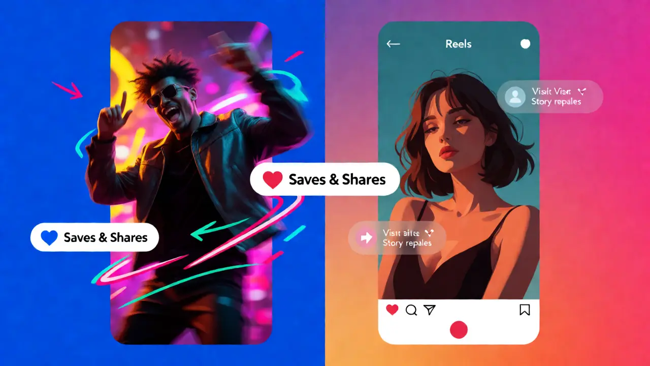 Split screen showing TikTok and Instagram engagement metrics