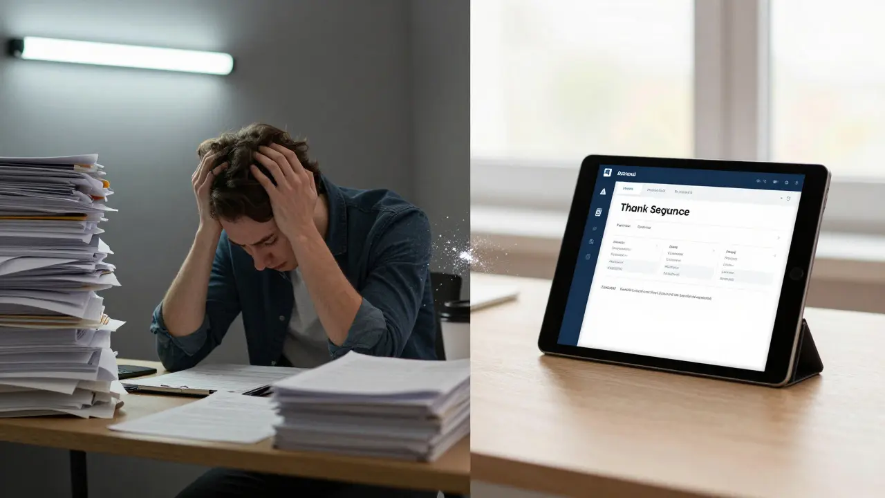 Split view contrasting a cluttered manual workspace with a clean automated setup