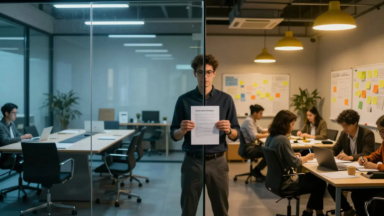 Split view of a corporate office and a creative startup space