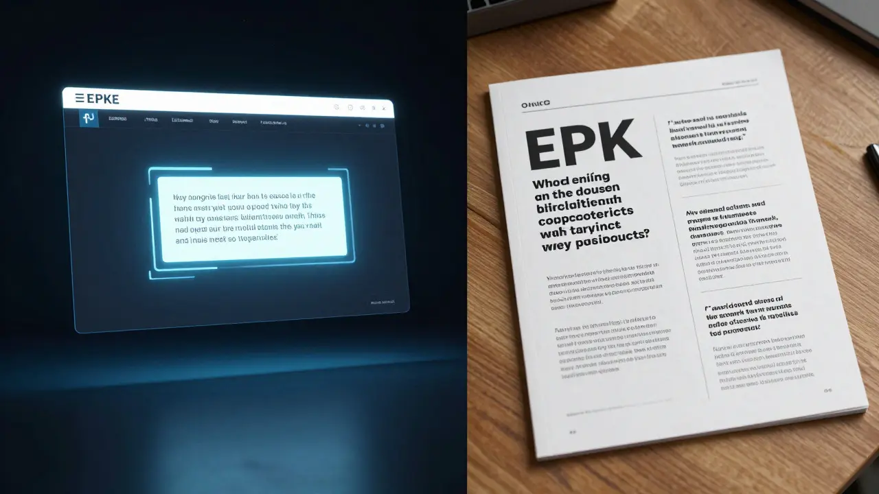 Split view of a digital webpage and a printed EPK document on a desk