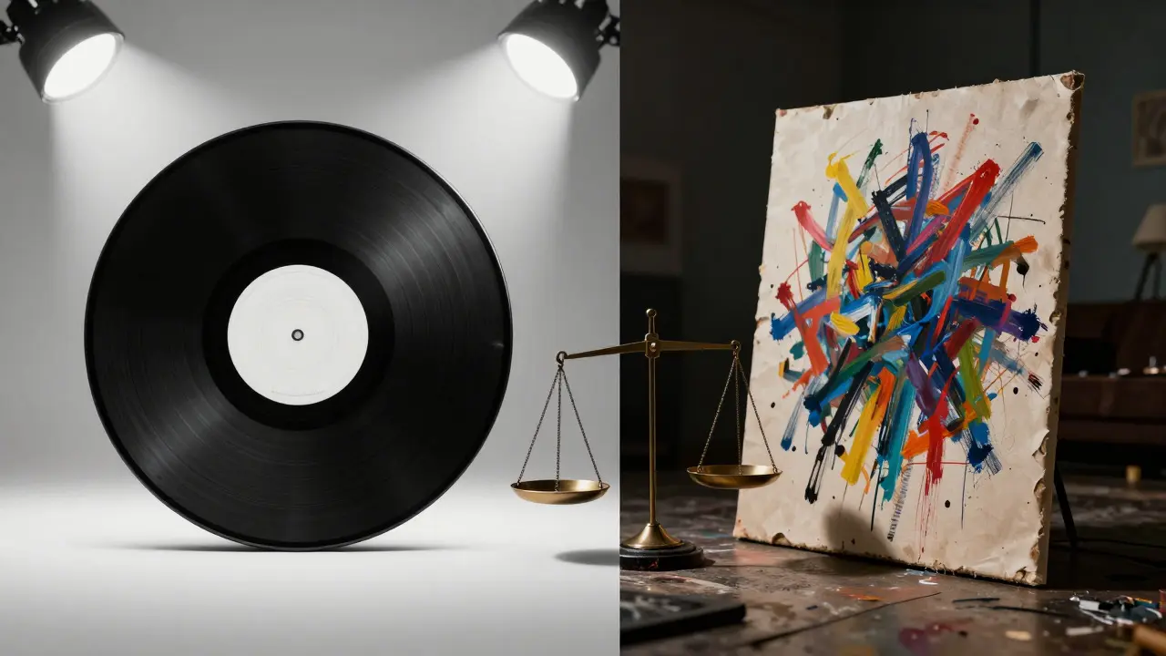 Split view of a polished vinyl record and a raw painting on a balance scale
