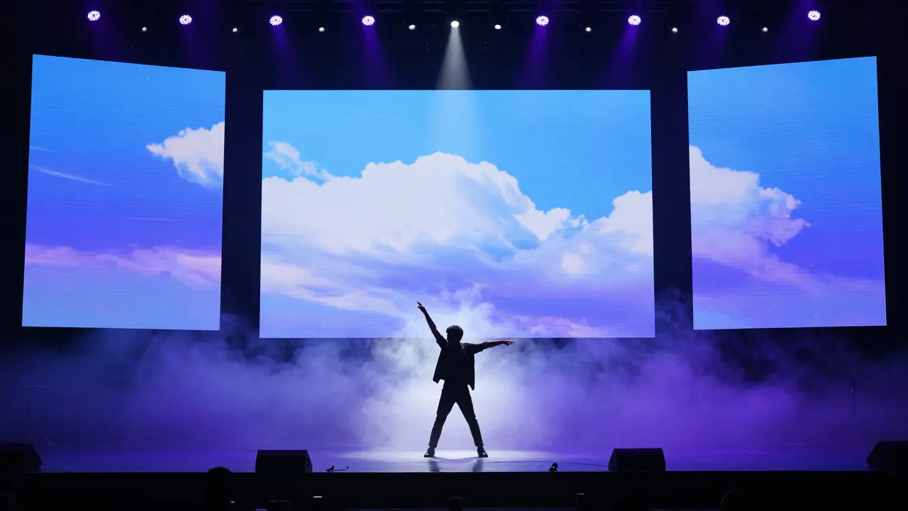 Stage with fog and projected clouds illustrating a narrative-driven mid-career concert