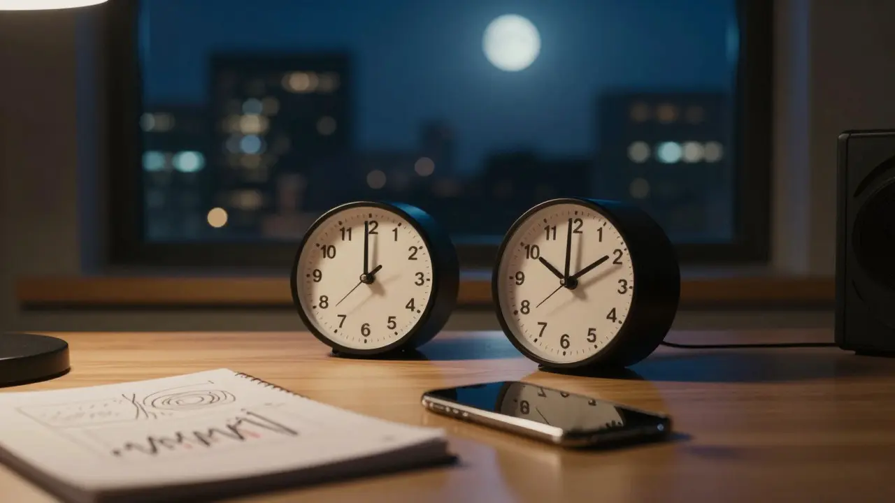 Studio desk with an analog clock at midnight and a view of a city skyline
