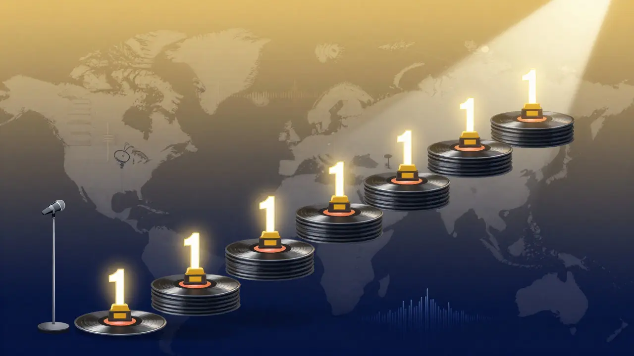 Stylized illustration of a path of trophies rising through radio waves.