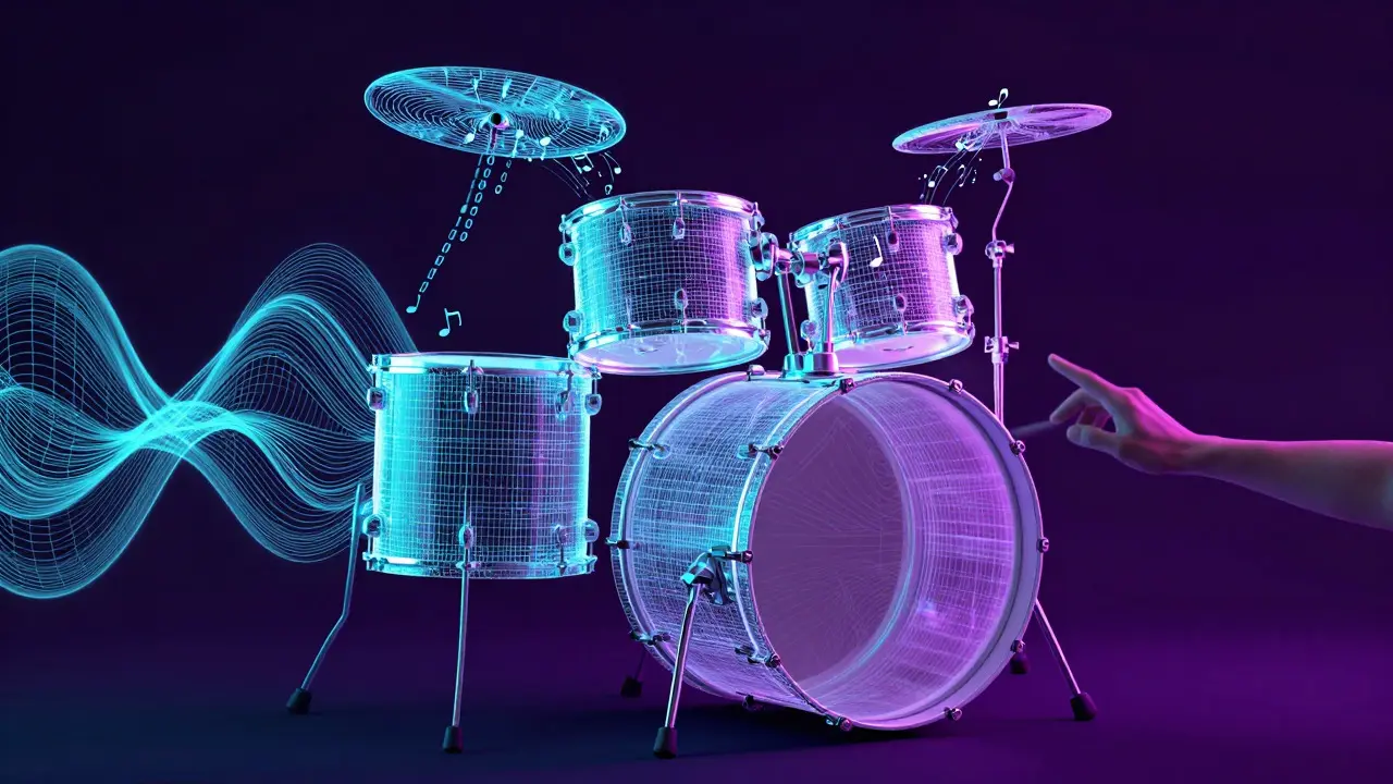 Surreal illustration of a digital wireframe drum kit being struck by a human hand