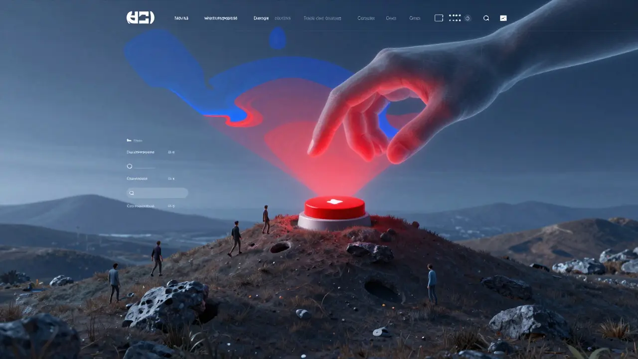 Surreal landscape where users miss a red call-to-action button while a heatmap overlay projects attention zones