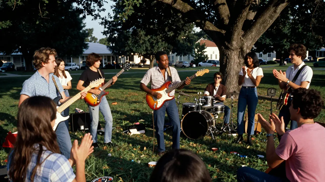 Teenagers playing an informal jam session with guitars in a sunny park