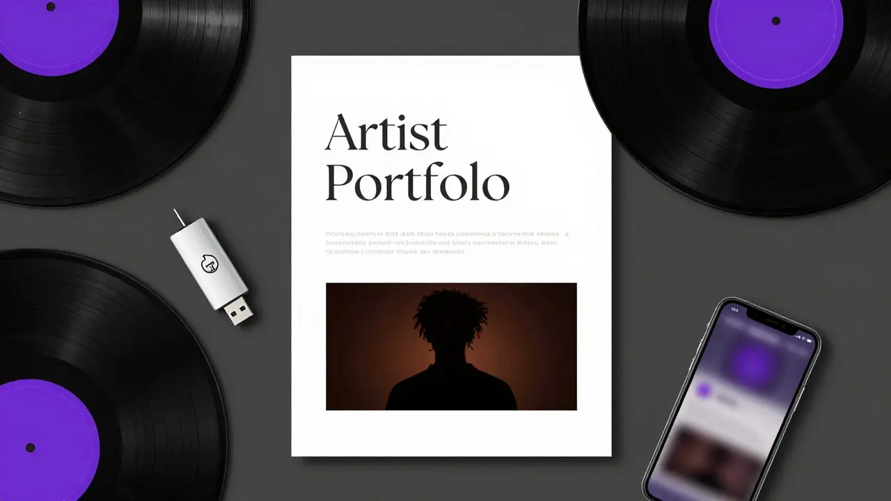 Top-down view of curated artist portfolio materials including paper and vinyl
