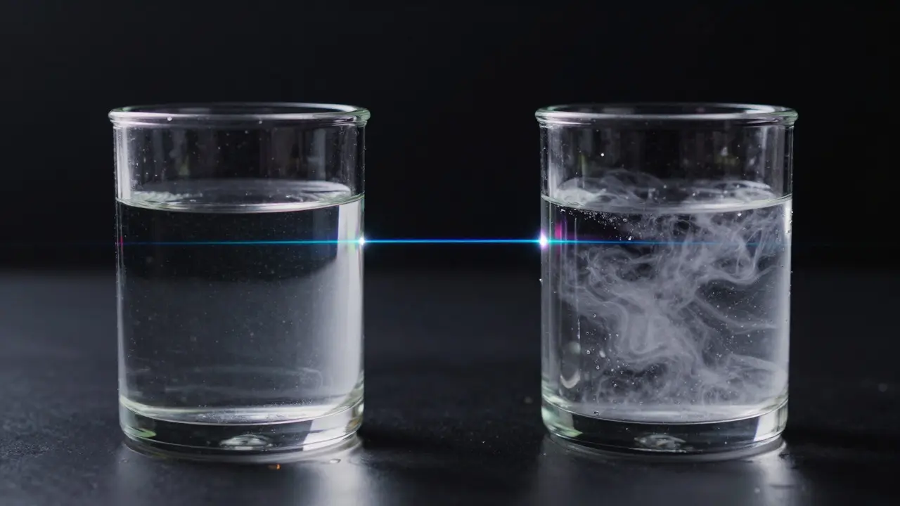 Two glass cylinders containing clear and misty liquids aligned by a laser beam to show audio phase