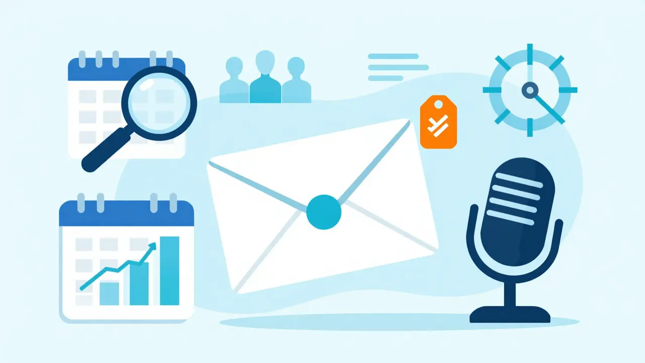 Vector illustration of a personalized pitch email flying toward a podcast microphone