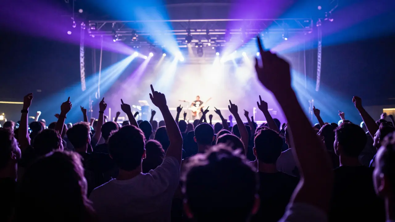 View from inside a crowded concert hall looking up at a bright stage with fans raising hands