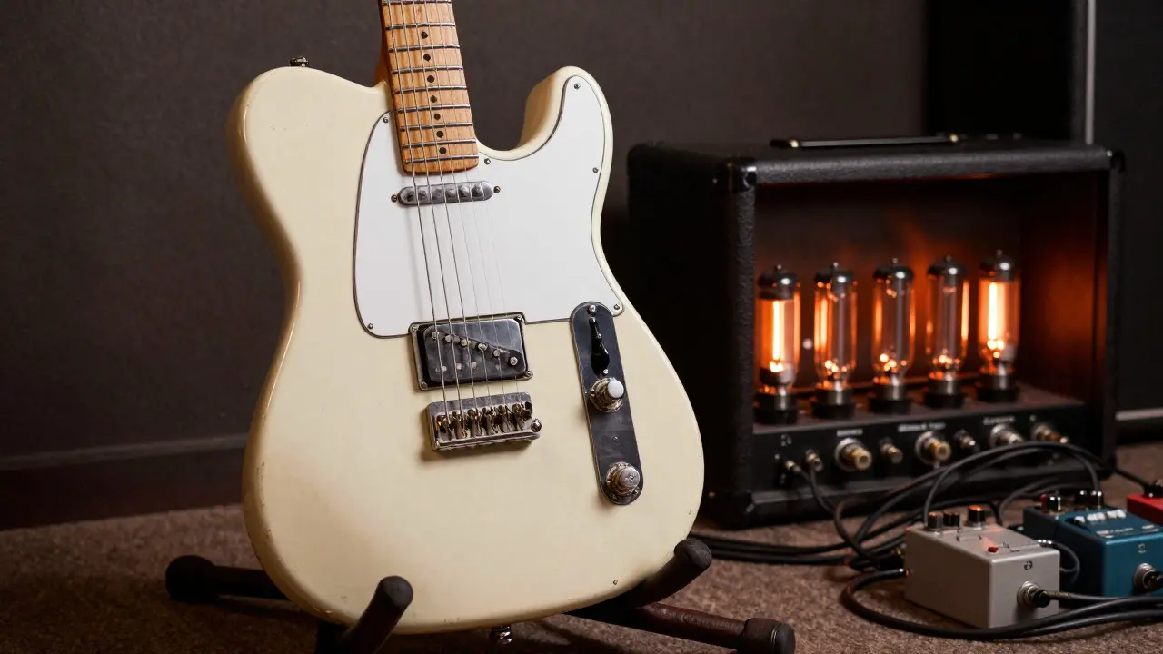 Vintage electric guitar and tube amplifier setup for blues music
