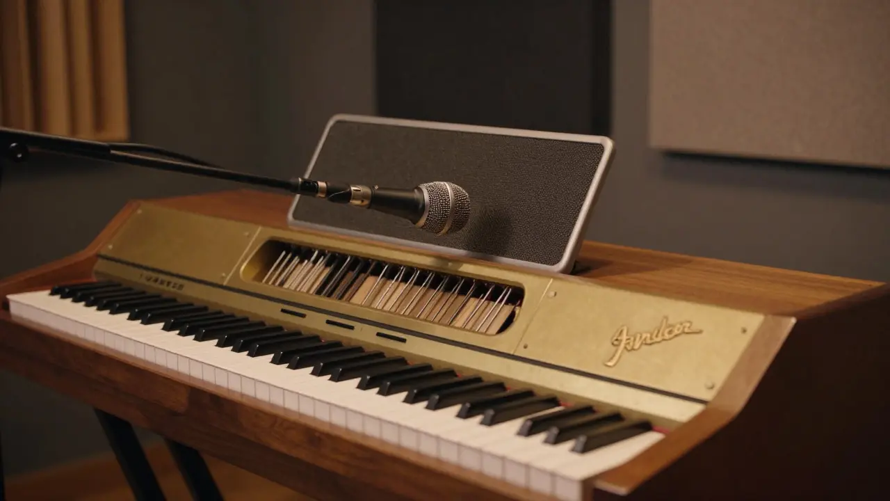Vintage Fender Rhodes electric piano with a microphone