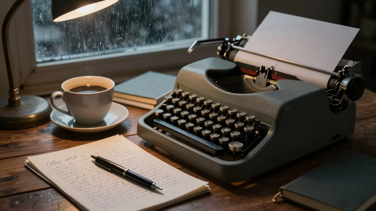 Vintage typewriter and notebooks on a desk near a rainy window