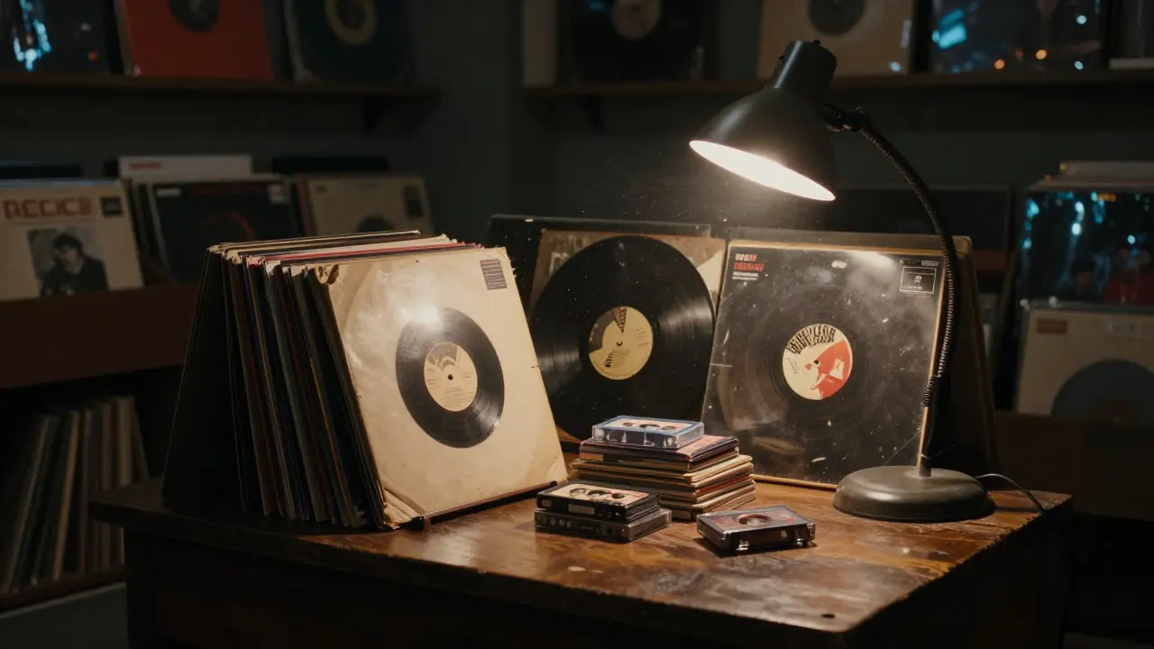 Vintage vinyl records and tapes on a table under warm lamp light in a dark room