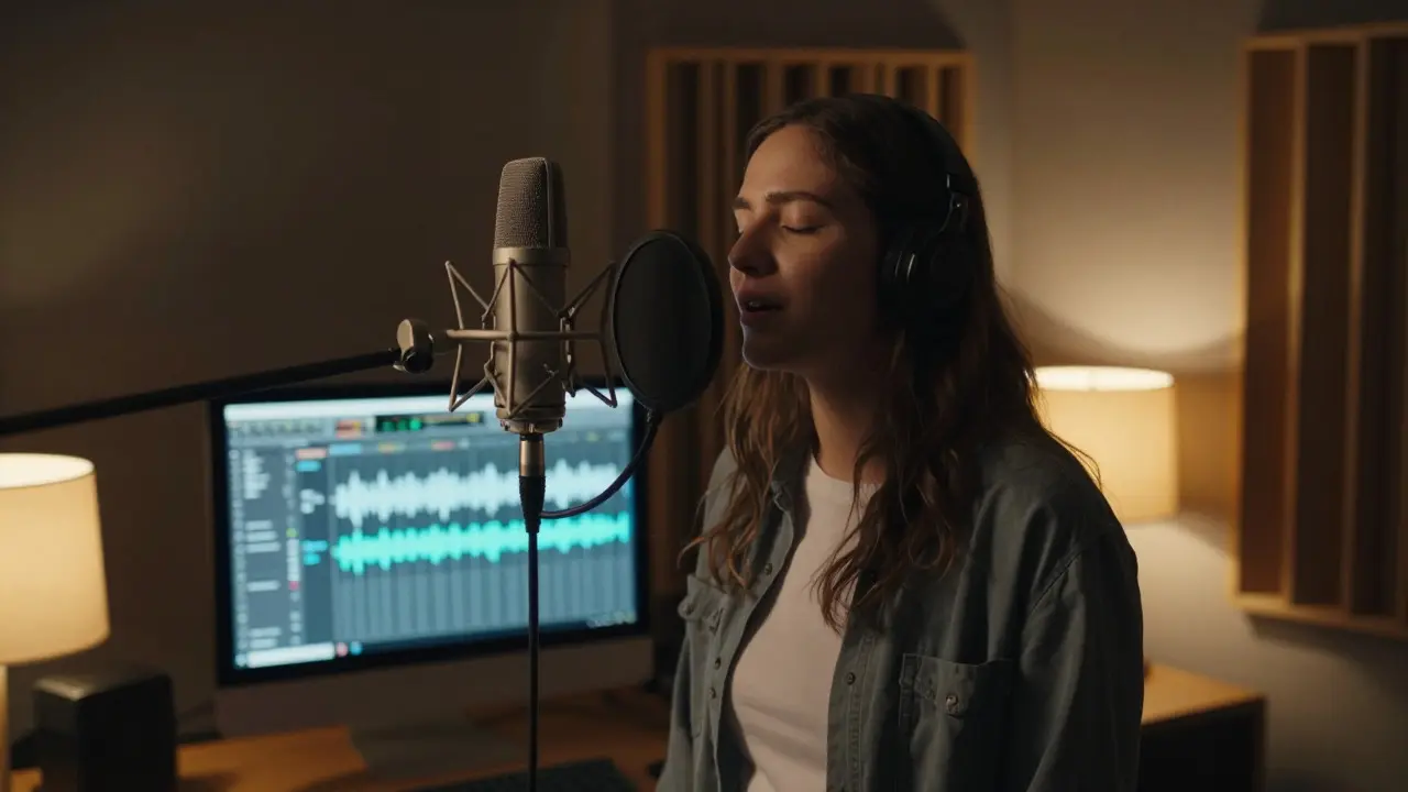 Vocalist singing into a condenser microphone in a dim home studio