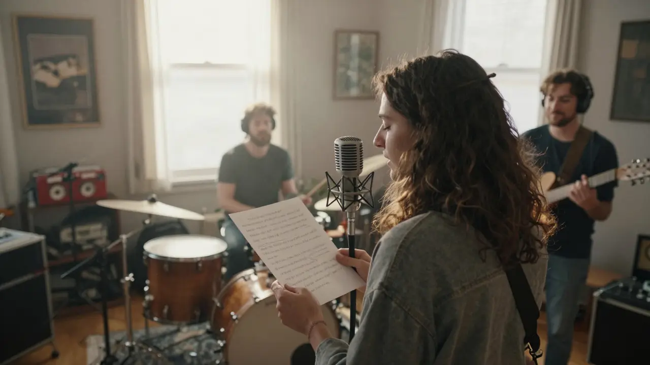 Vocalist singing into a vintage mic while watching a band play in a cozy room