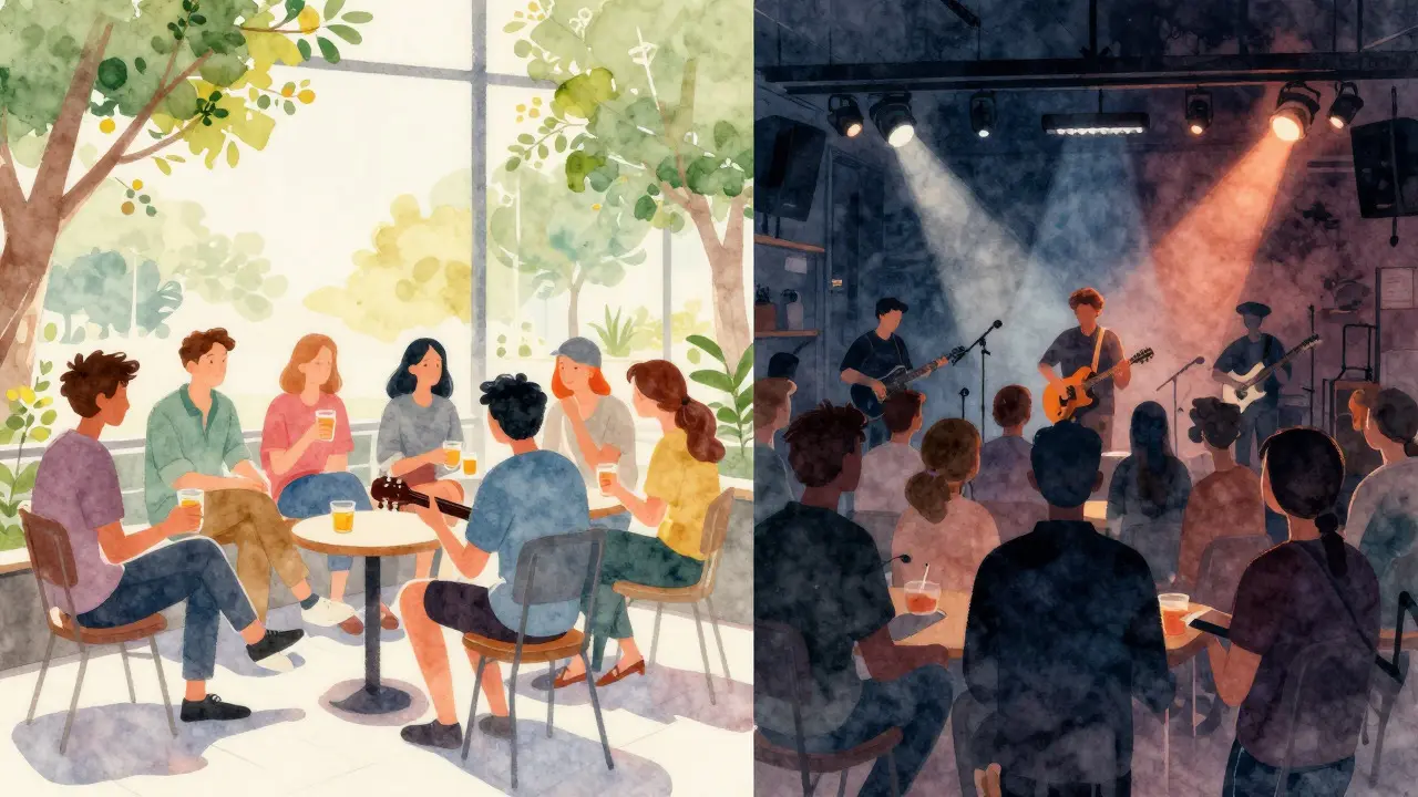Watercolor split view comparing a casual coffee shop meetup and an intense house show