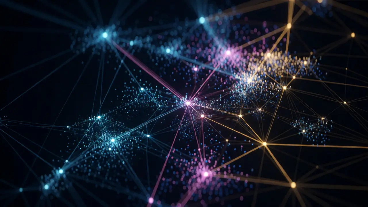 Abstract digital web of glowing nodes representing strategic social media collaboration networks.