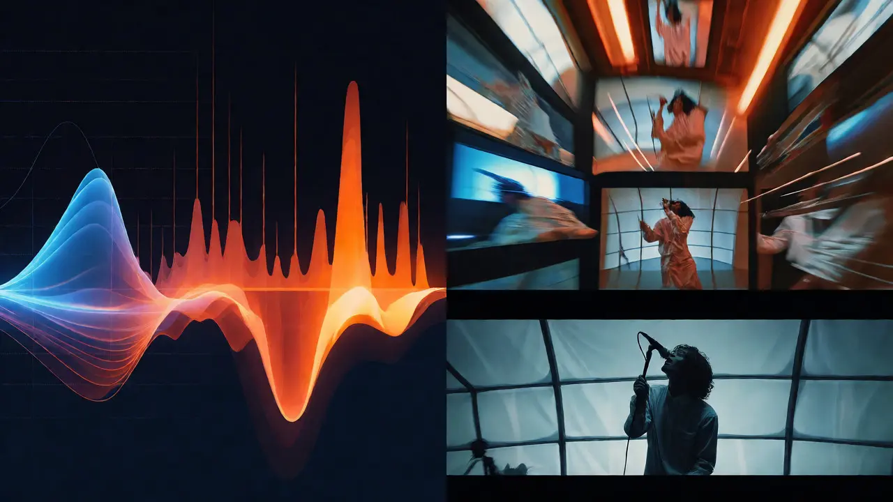 Abstract visual comparing rising audio waveforms to increasing camera movement intensity and cut speed.