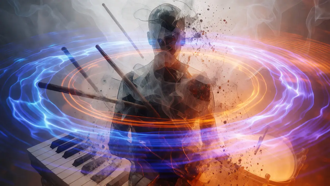 Abstract visualization of sound waves and fragmented silhouettes representing textured, emotive music production.