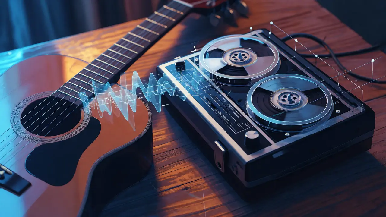 Acoustic guitar and cassette recorder connected by abstract sound waves
