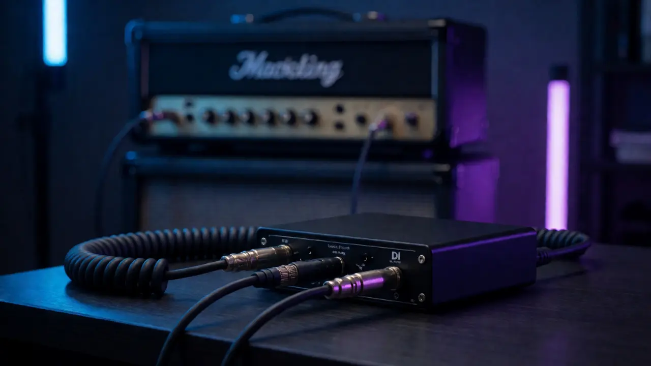 Black DI box and cables with electric amp in background