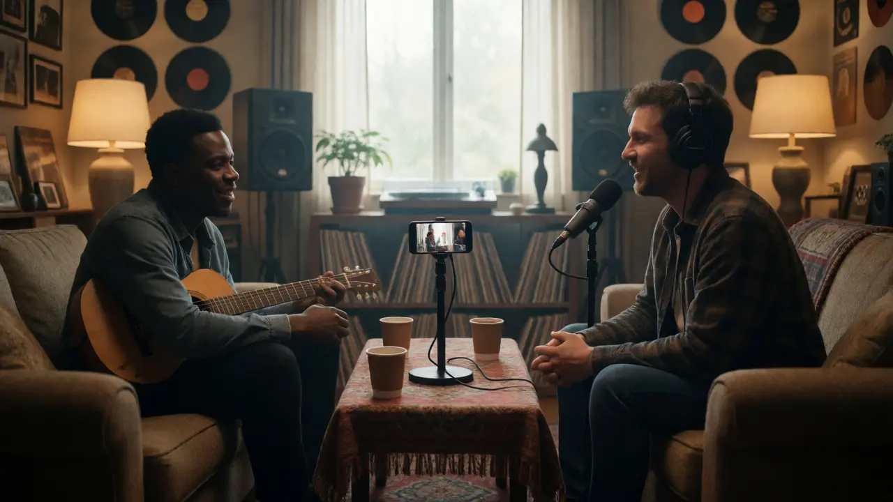 Blues musician and podcast host having an intimate interview in a cozy studio.