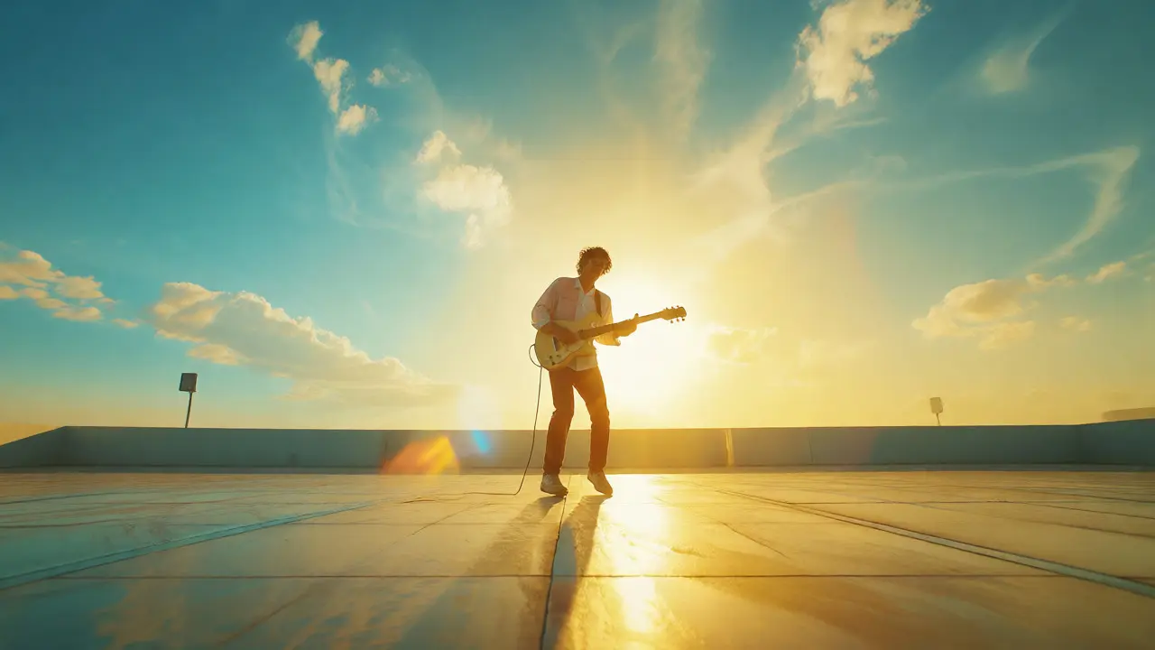 Bright high-key music video scene with warm tones
