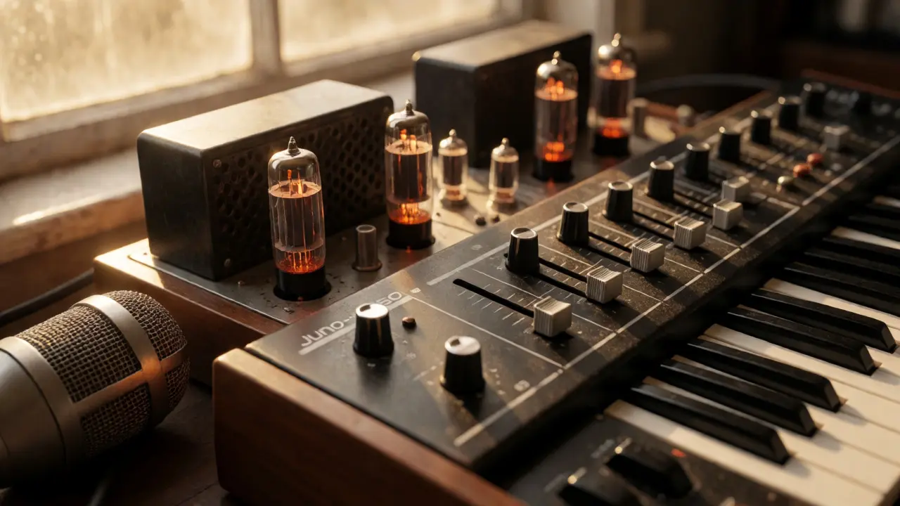 Close-up of vintage tube preamps, a Juno-60 synth, and a ribbon microphone bathed in warm sunlight.
