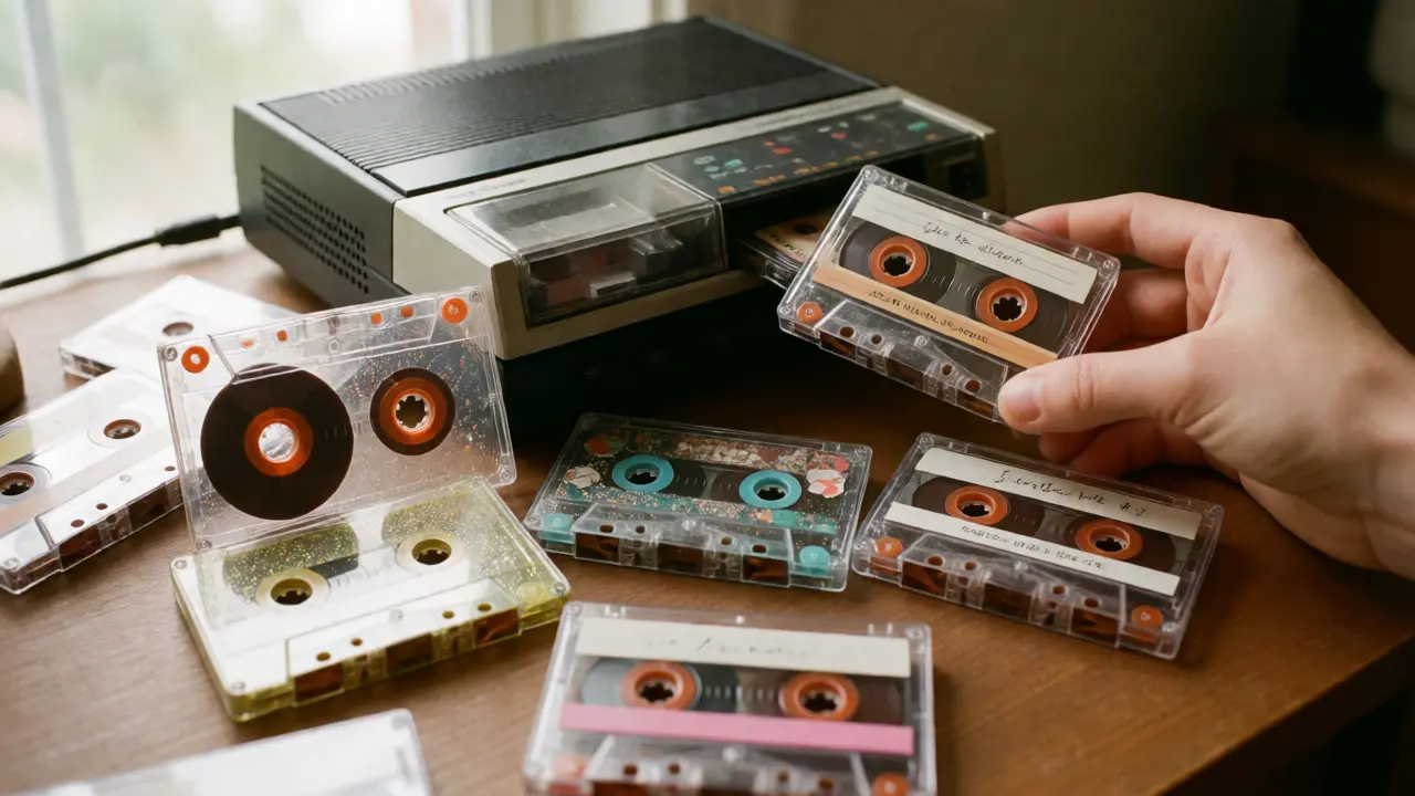 Colorful cassette tapes and a vintage player on a wooden desk.