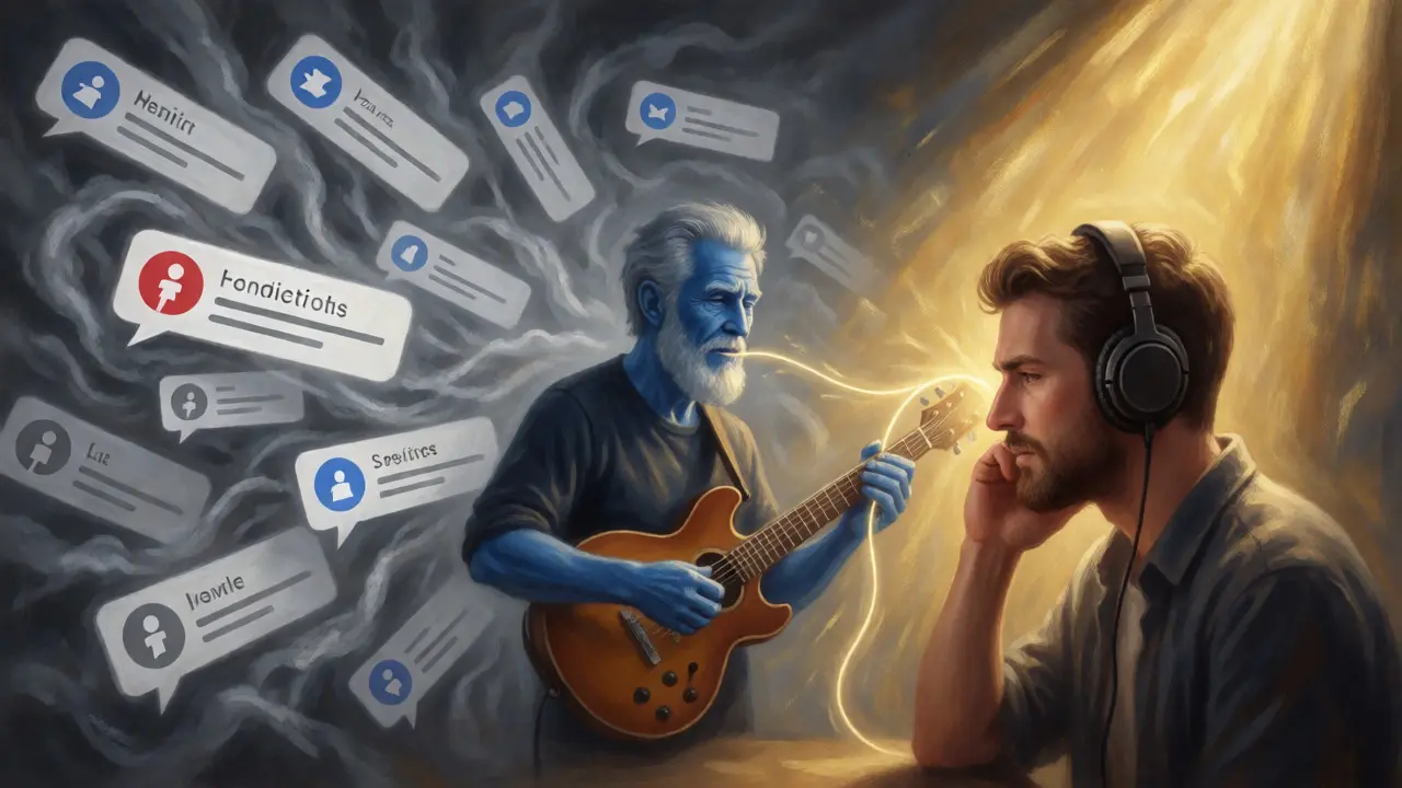 Conceptual art showing a musician cutting through digital noise to connect with a host.