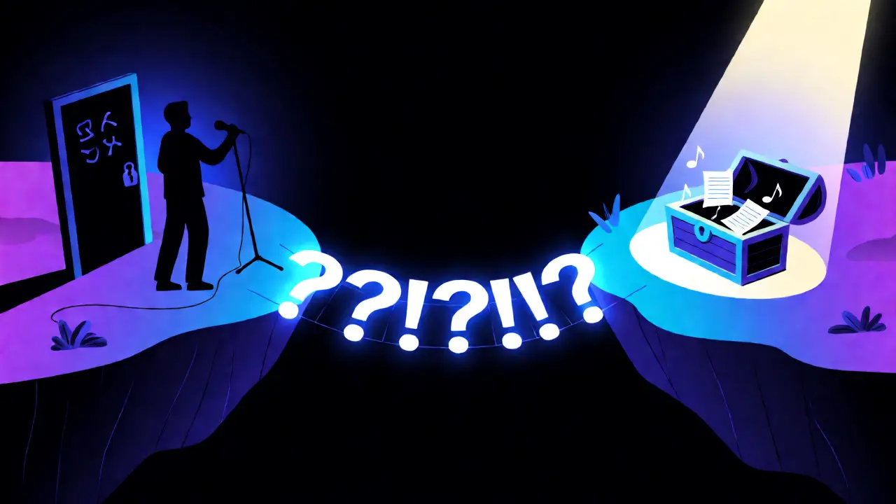 Conceptual art showing curiosity gap bridge connecting fact to story