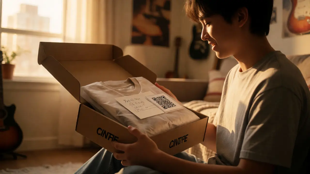 Fan happily opening a branded merch box containing a shirt and handwritten note.