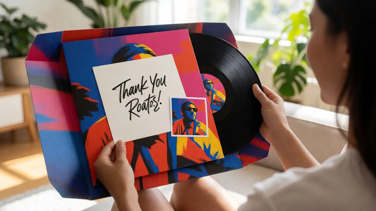 Fan holding a vinyl record and open packaging for a social media photo