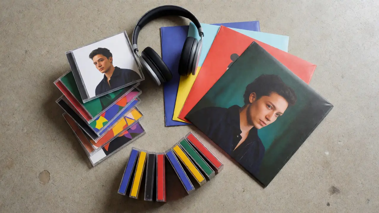 Flat lay of CDs, vinyl sleeves, and cassettes arranged on a table.